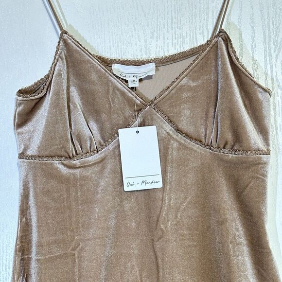 Y2k 90s Inspired Women Midi Dress Tan Velvet Front Slit Oak + Meadow *NWT Size M - Picture 5 of 11